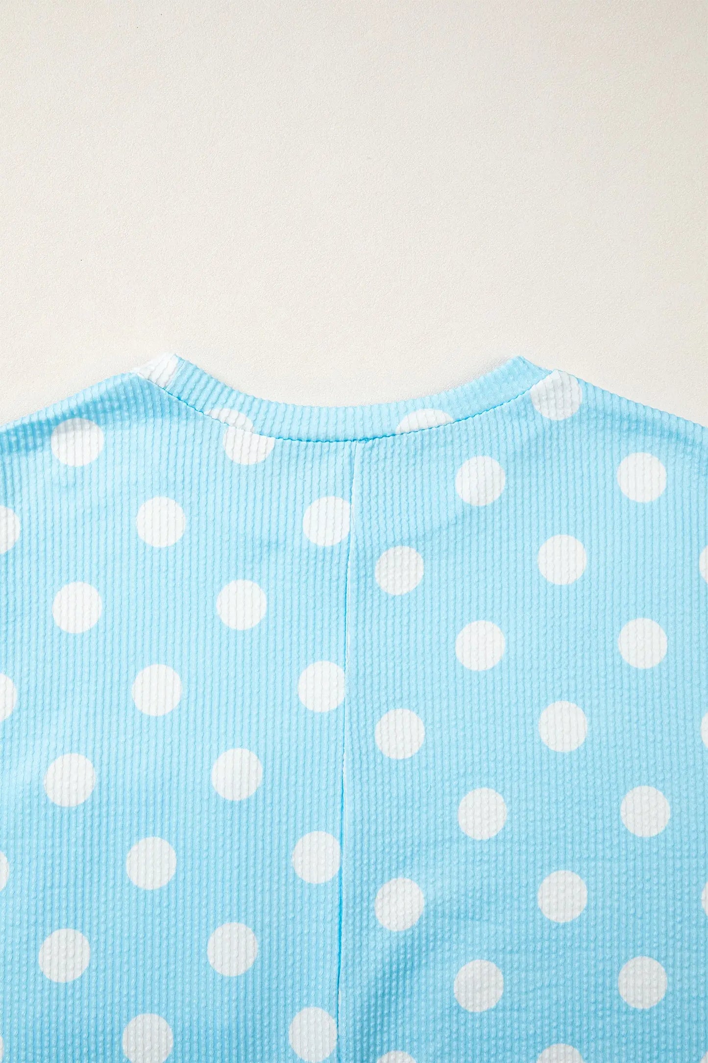 Sky Blue Polka Dot Round Neck Drop Shoulder Patch Pocket Jacquard Texture Top Nataliz