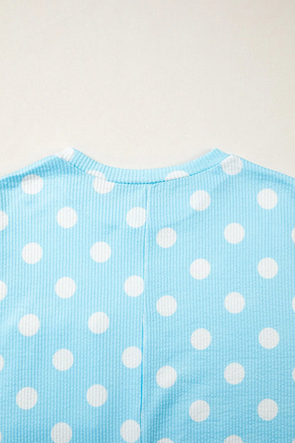 Sky Blue Polka Dot Round Neck Drop Shoulder Patch Pocket Jacquard Texture Top Nataliz