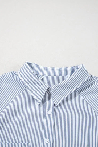 Gray Pinstripe Long Sleeve Smocked Cuffs Button Shirt Collar Blouse