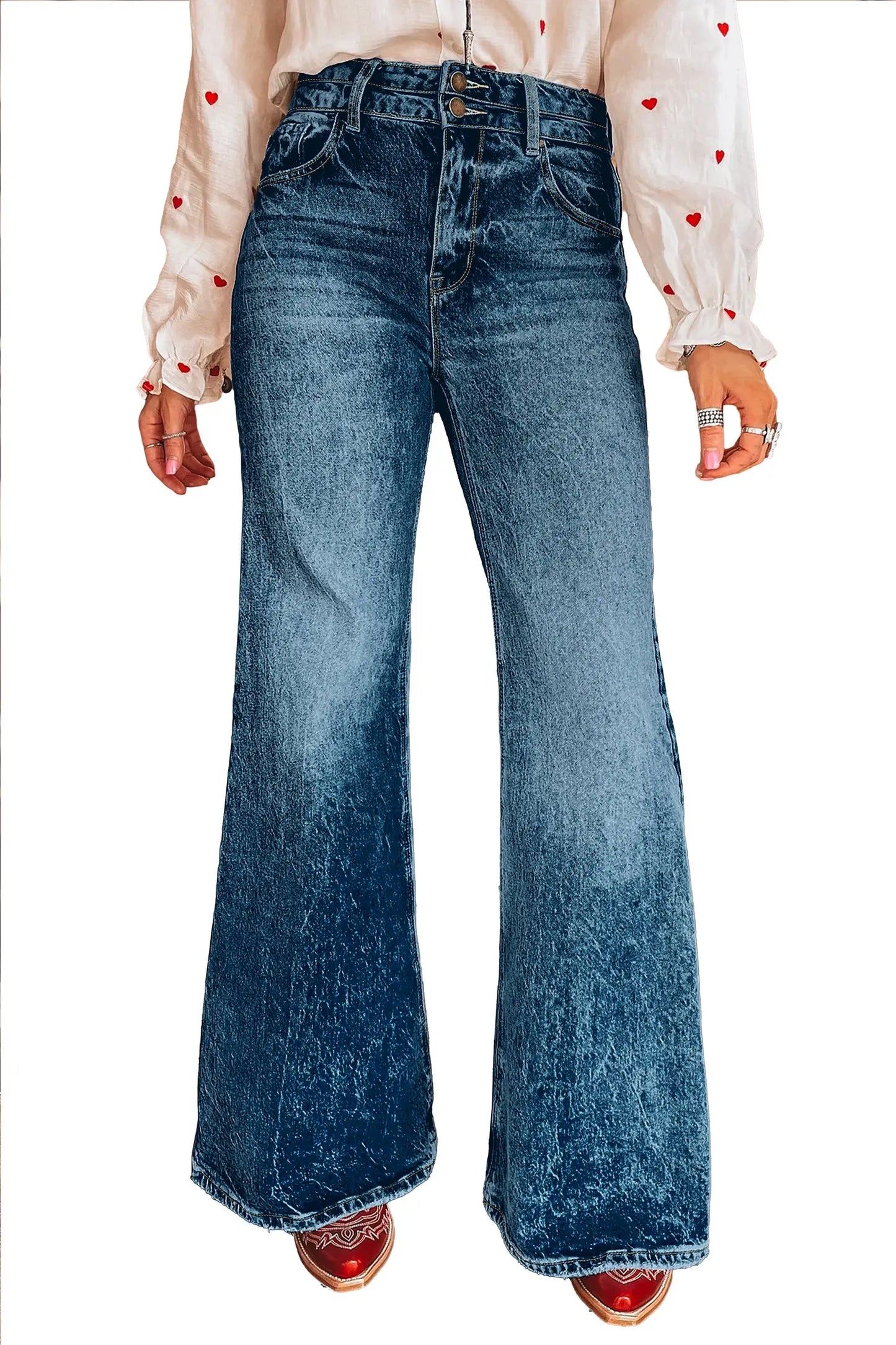 Sail Blue Acid Wash Pocket Detail Flare Jeans