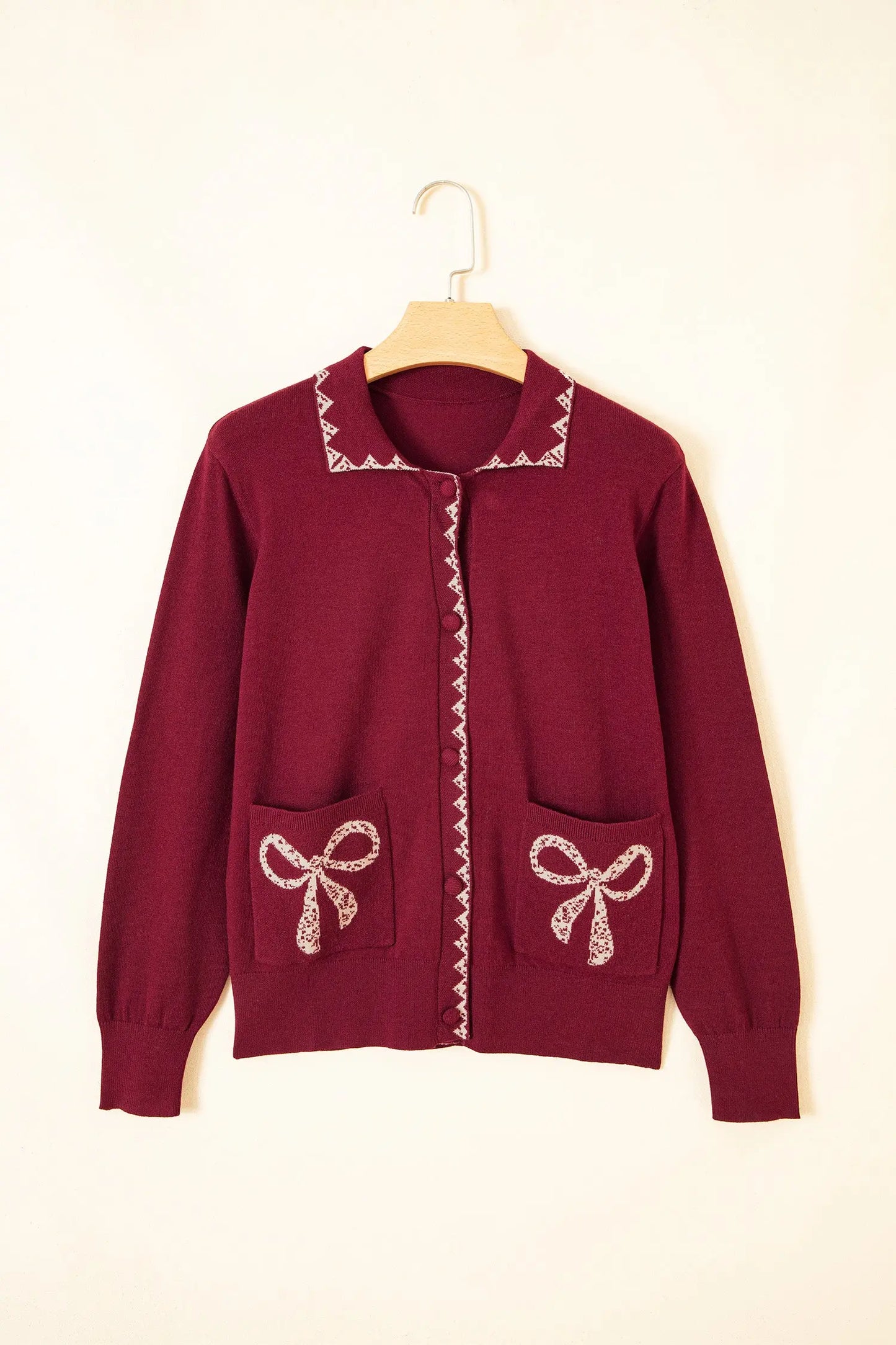 Burgundy Bow Pocket Collar Long Sleeve Knit Cardigan
