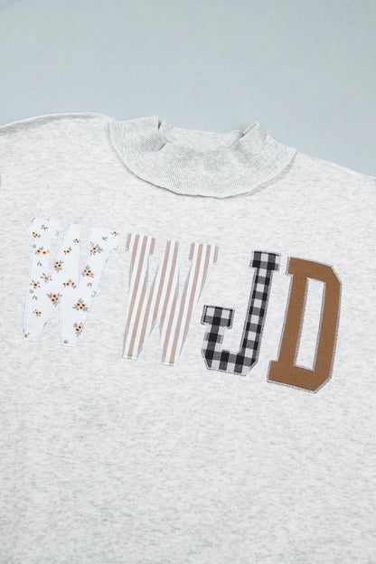 Coffee WWJD Mixed Pattern Embroidered Patch Graphic Mock Neck Sweatshirt
