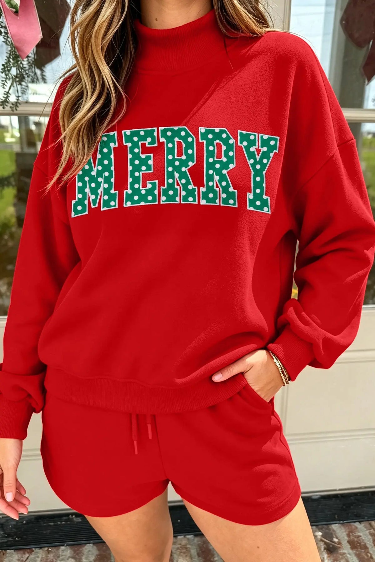 Red Christmas Slogan Print Mock Neck Pullover and Shorts Set model front view · nz-alt-v1