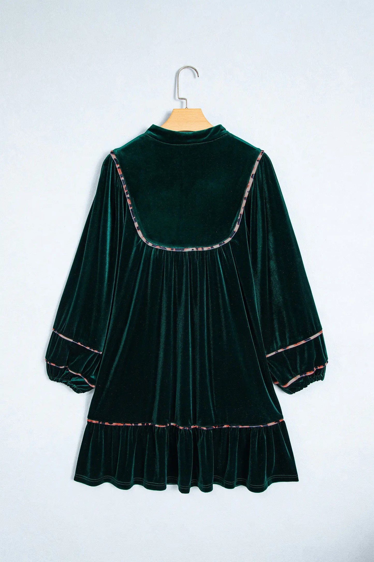 Blackish Green Leopard Trim Velvet Long Sleeve Shift Dress