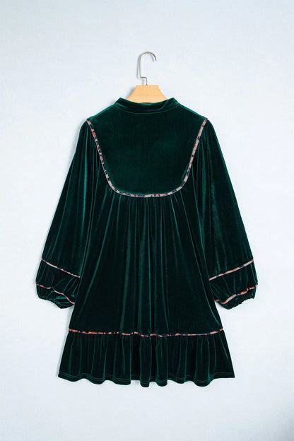 Blackish Green Leopard Trim Velvet Long Sleeve Shift Dress
