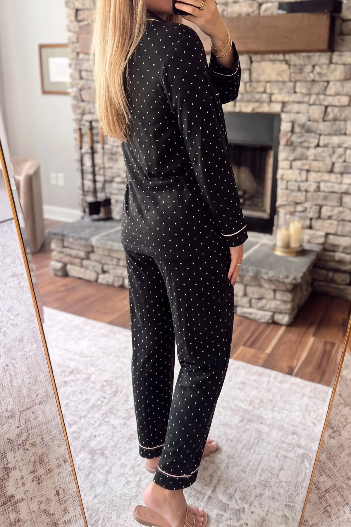 Black Polka Dot Long Sleeve Shirt Lace Detail Two Piece Pajama Pant Set