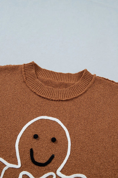 Brown Oversized Drop Shoulder Round Neck Christmas Sweater