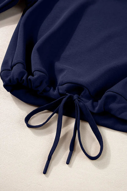 Dusk Blue Solid Color Cowl Neck Drawstring Pullover Wide Leg Athleisure Pants Set
