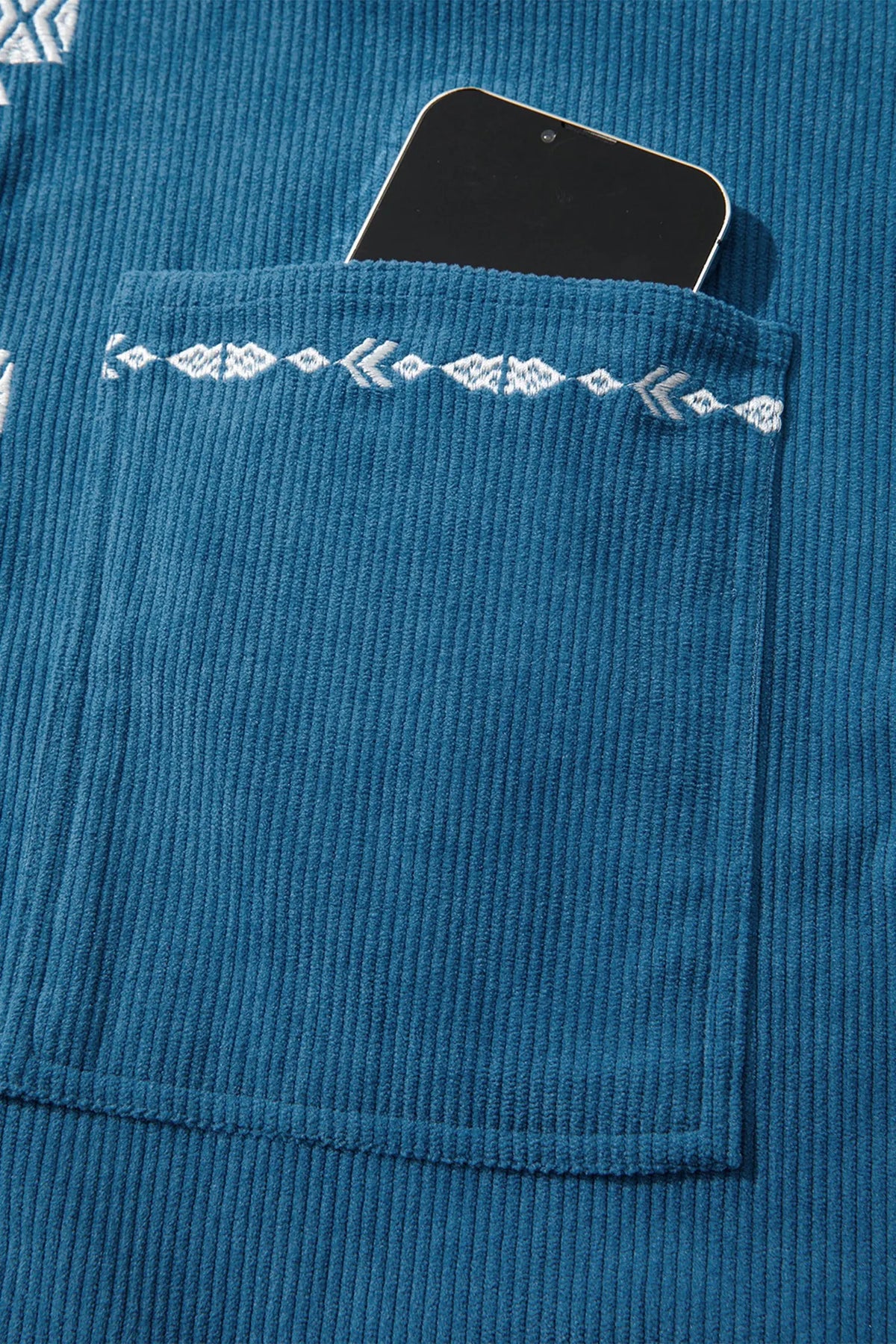 Blue Embroidered Corduroy V-Neck Long Sleeve Plus Size Shirt