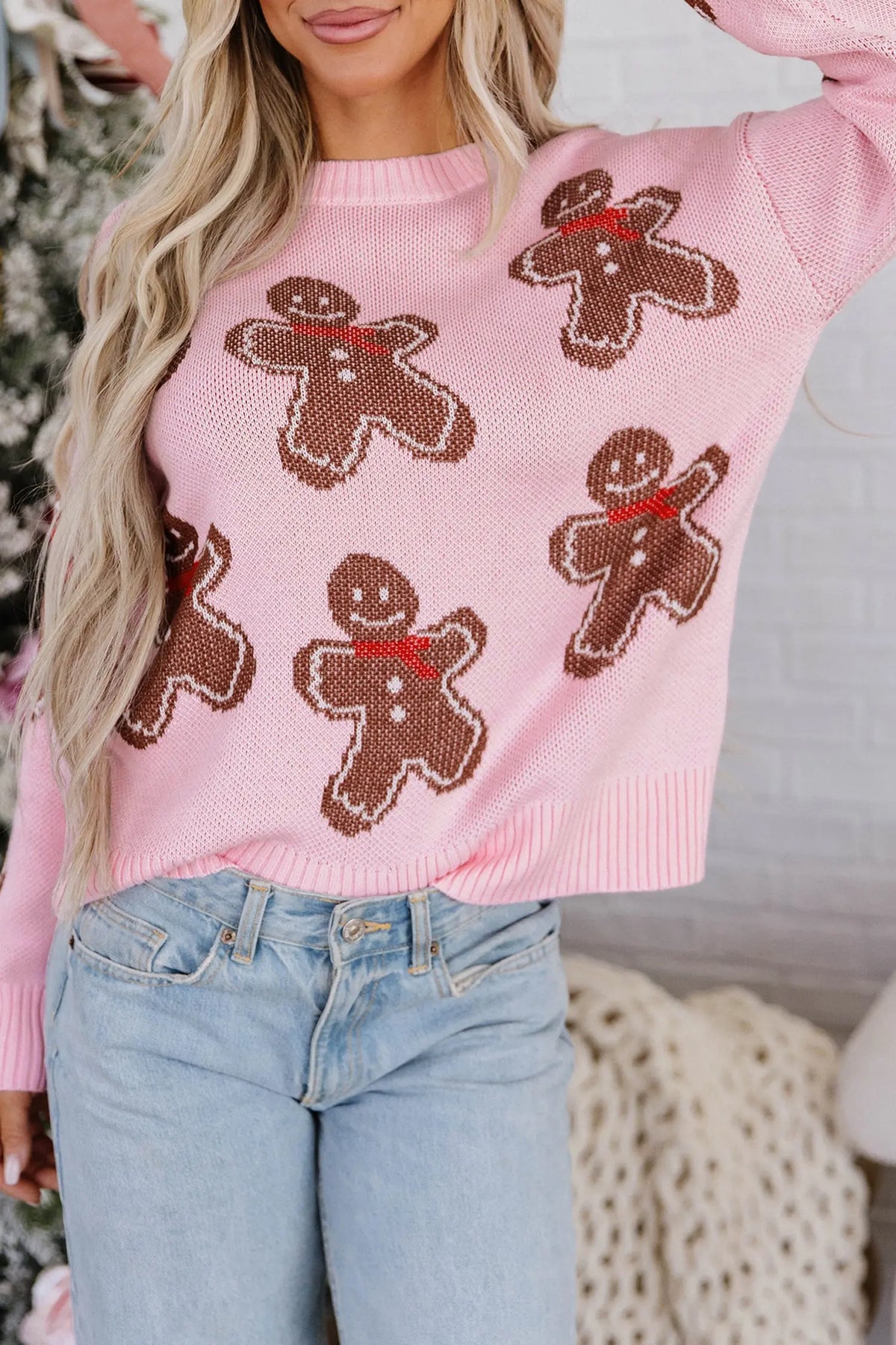 Pink Gingerbread Pattern Round Neck Long Sleeve Shift Sweater model front detail view · nz-alt-v1