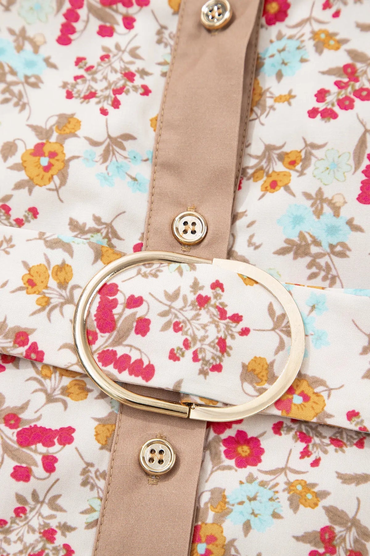 Orange Floral Print Button Down 3/4 Sleeve Belted Mini Dress belt buckle detail view · nz-alt-v1