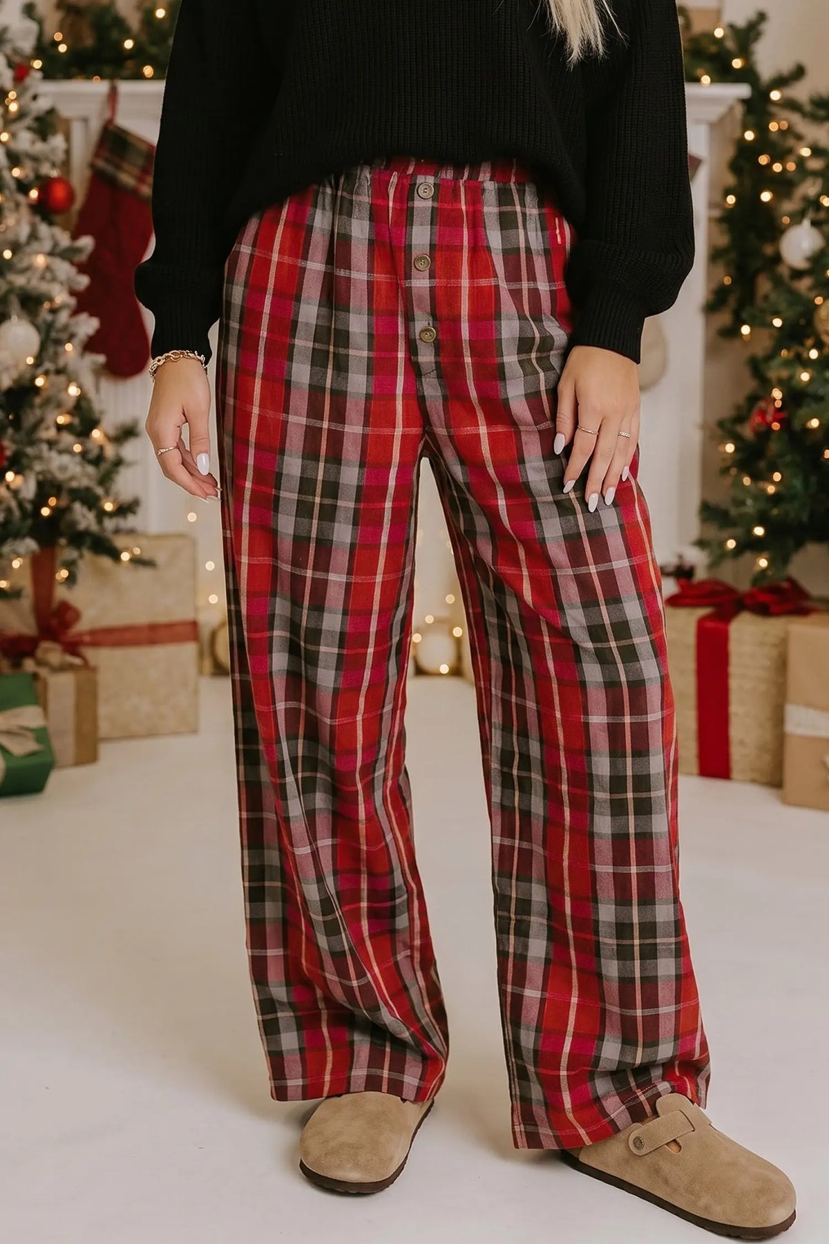 Red Plaid Elastic Waist Pocket Regular Full-Length Pants