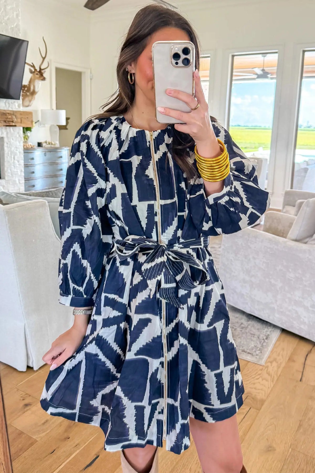 Blue Abstract Geometric Print Zip Front Tie Waist Shift Dress model front view · nz-alt-v1