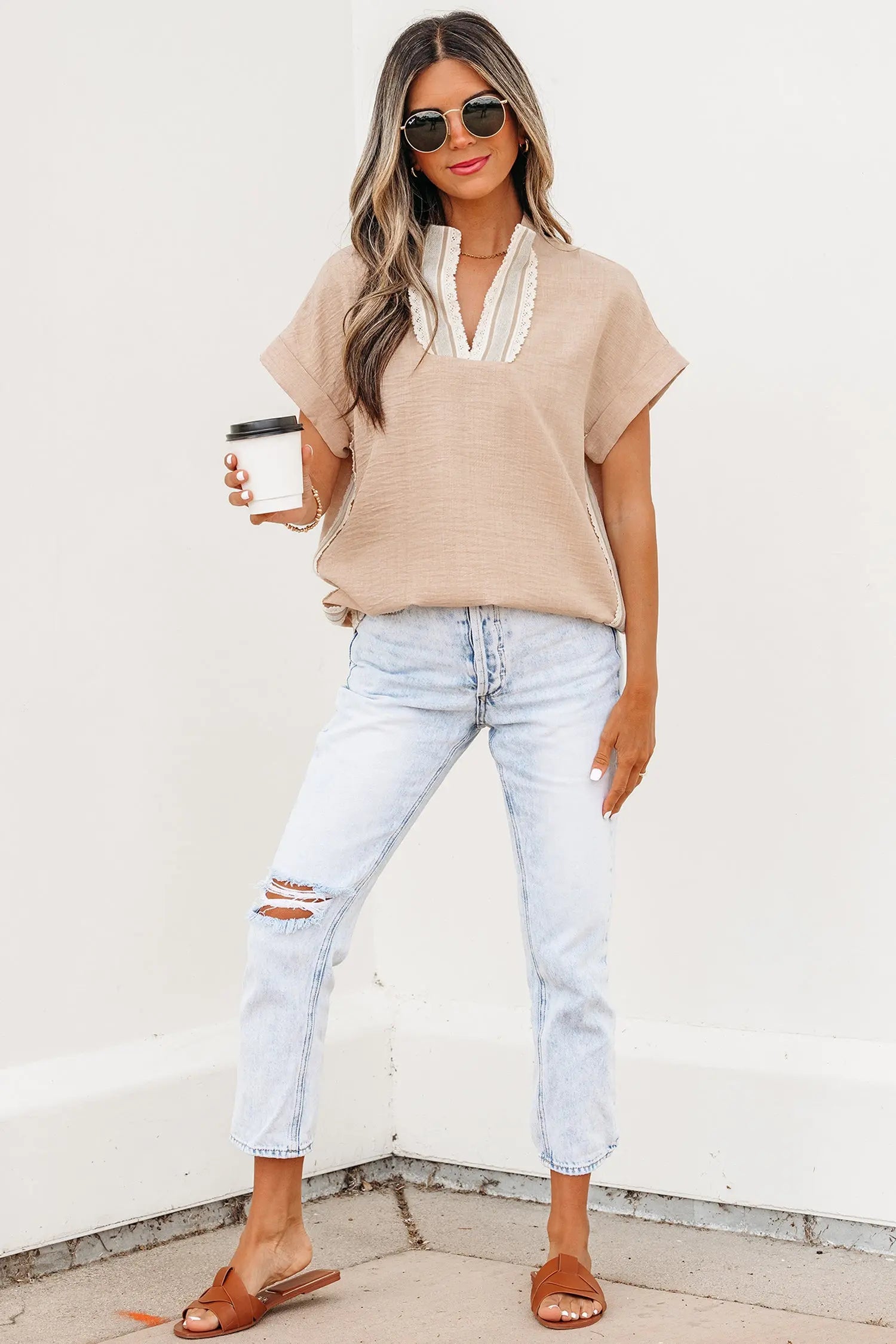 Parchment Crochet Lace Accent Pullover Rolled Short Sleeve Blouse Nataliz