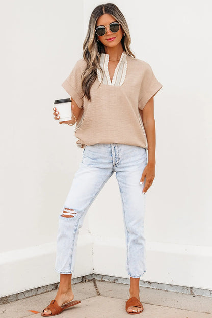 Parchment Crochet Lace Accent Pullover Rolled Short Sleeve Blouse Nataliz