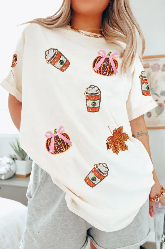 White Sequined Pumpkin Fall Graphic Casual Shift T Shirt