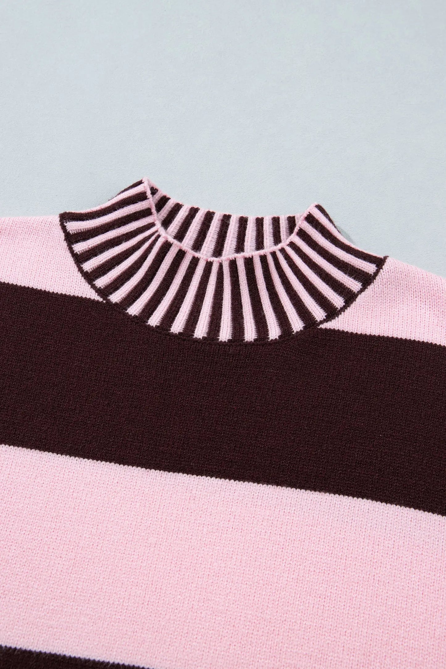 Pink Stripe Contrast High Neck Dropped Shoulder Relaxed Pullover Sweater