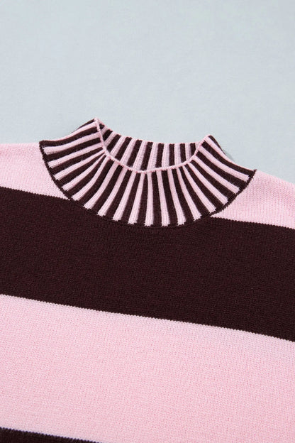 Pink Stripe Contrast High Neck Dropped Shoulder Relaxed Pullover Sweater