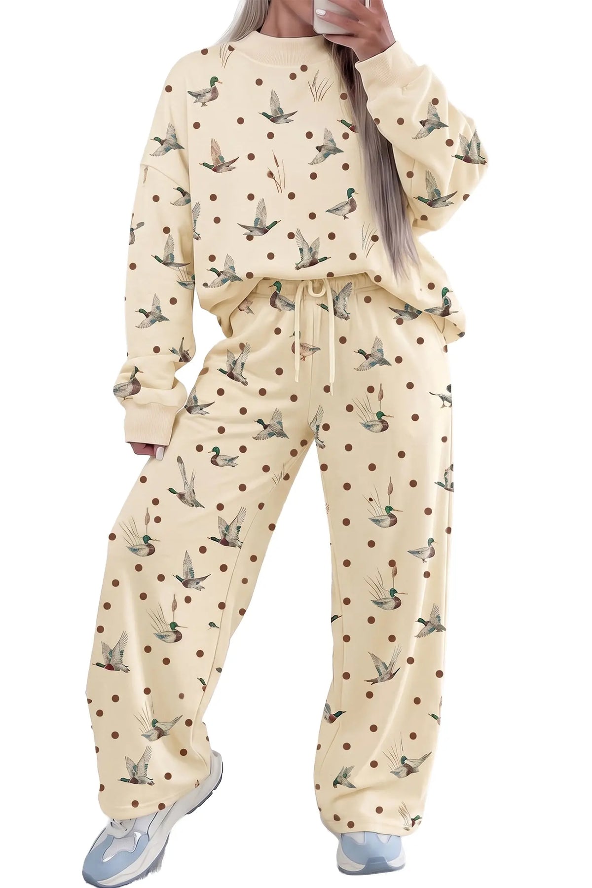 Beige polka dot mallard print crewneck pullover two piece pants set model front view · nz-alt-v1