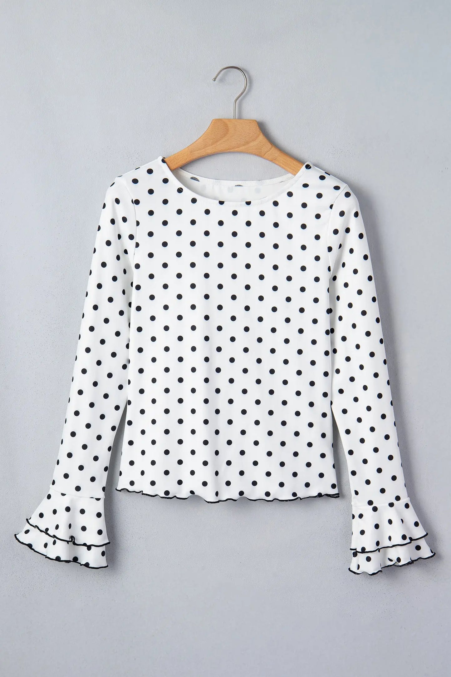 Black Polka Dot Print Lettuce Trim Long Sleeve Top