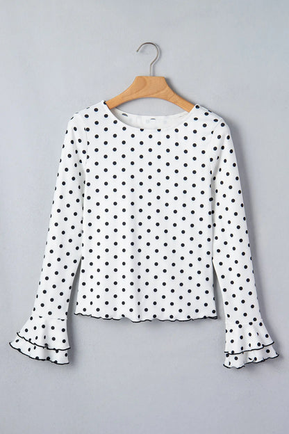 Black Polka Dot Print Lettuce Trim Long Sleeve Top