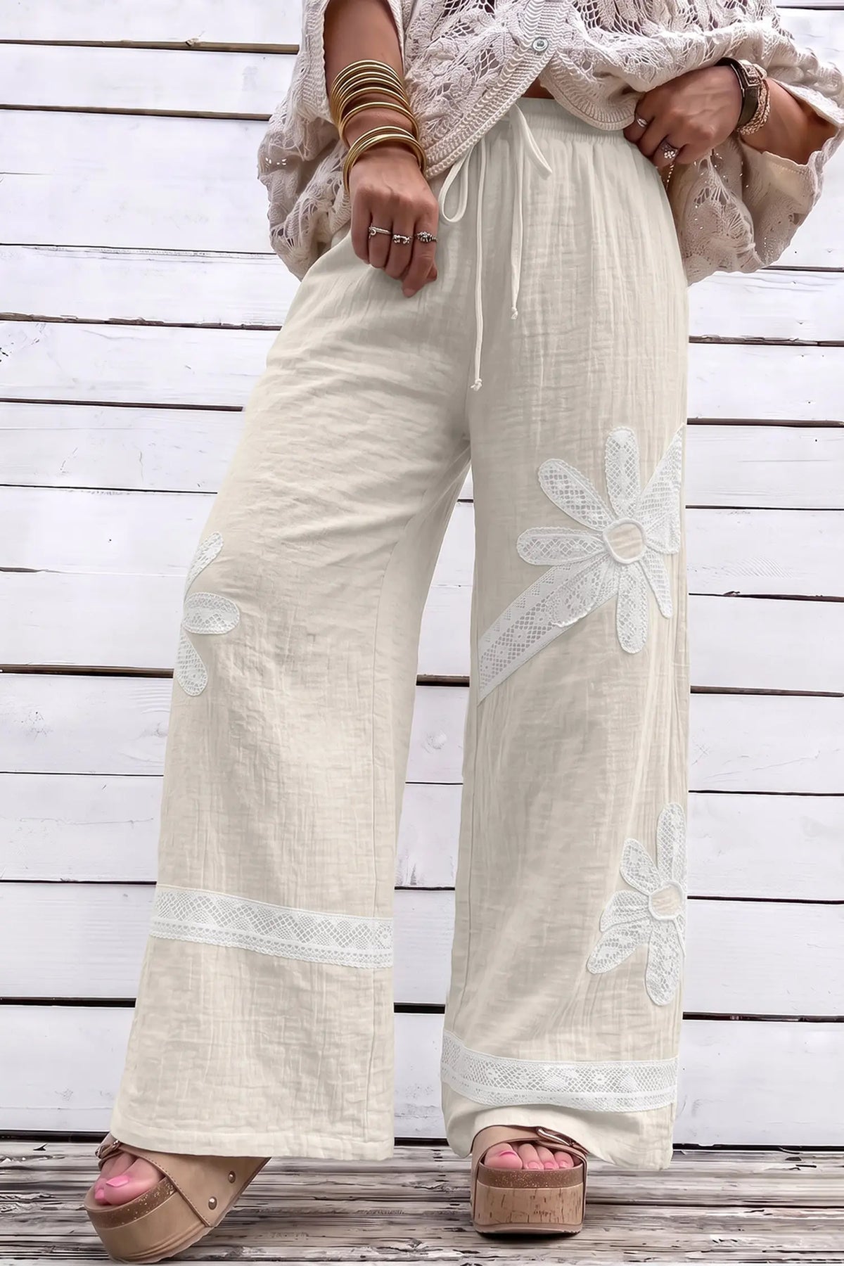 White floral lace patchwork boho wide leg casual pants model front view · nz-alt-v1