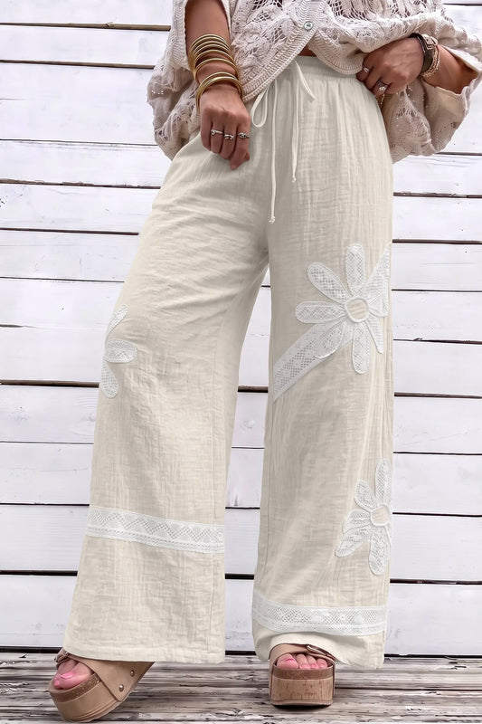 White floral lace patchwork boho wide leg casual pants model front view · nz-alt-v1