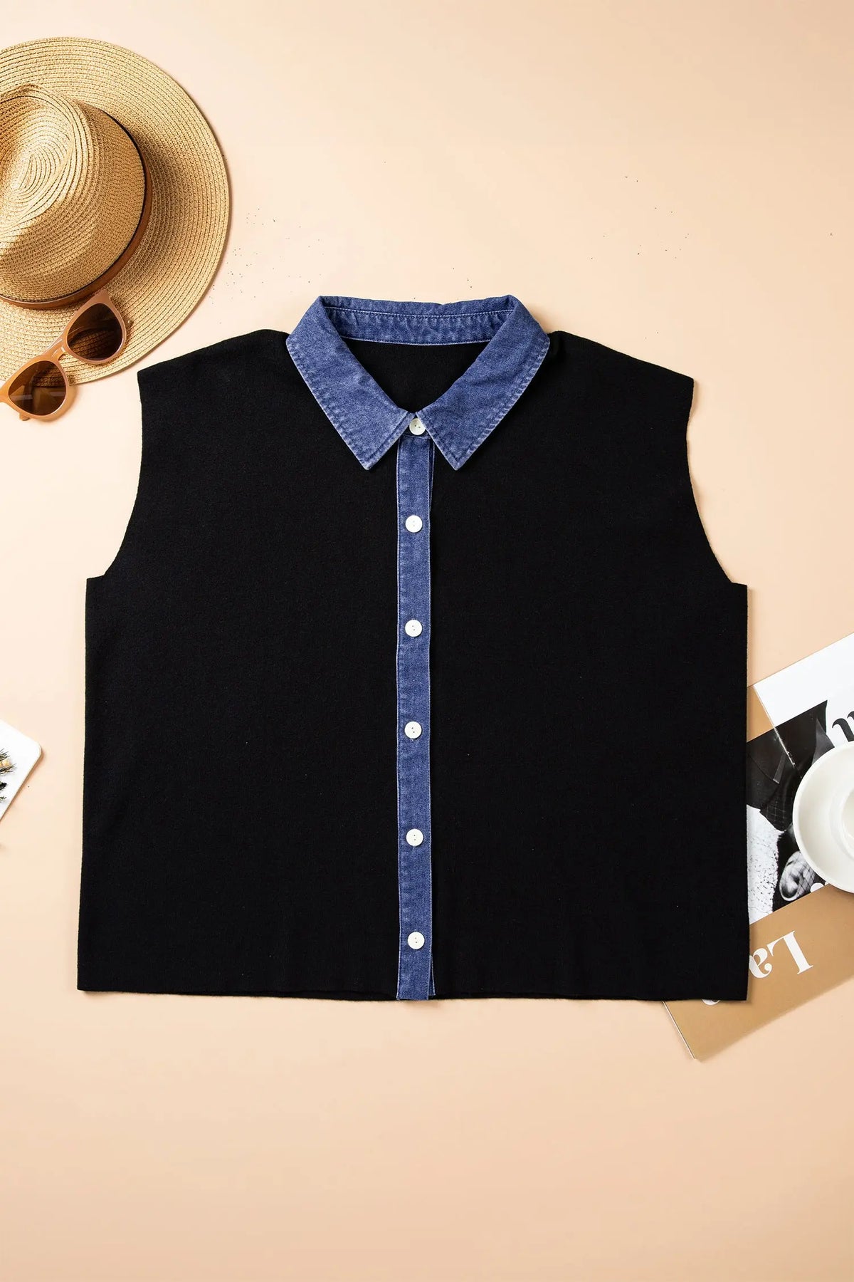 Black Plus Size Sleeveless Patchwork Colorblock V Neck Tunic Top Cardigan