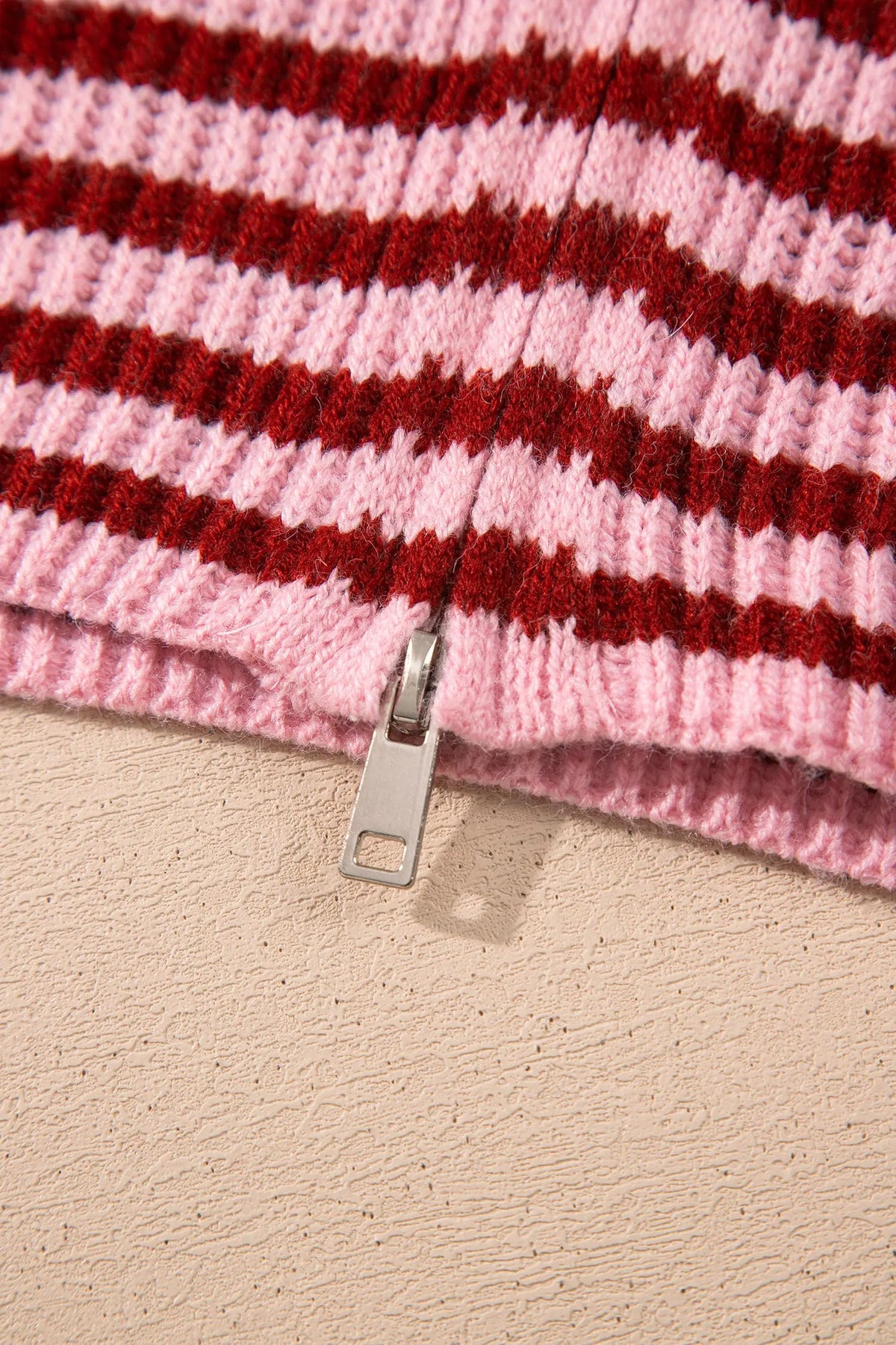 Red Stripe Striped High Neck Zip-up Sweater Long Sleeve Casual Fit Drop Shoulder Open Front Cardigan