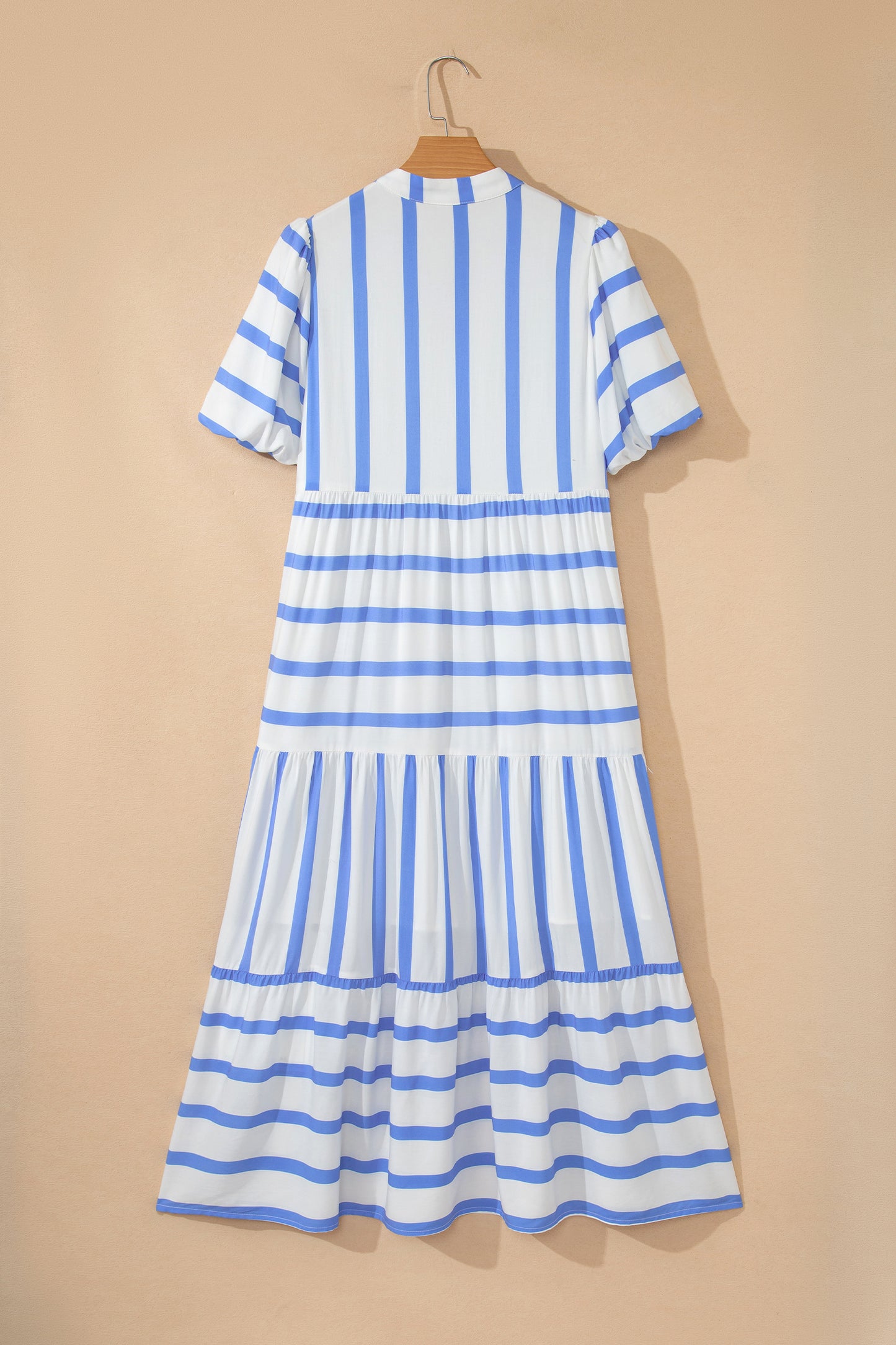 Green Stripe Ricrac Trim Notched Neck Half Sleeve Vacation Dress