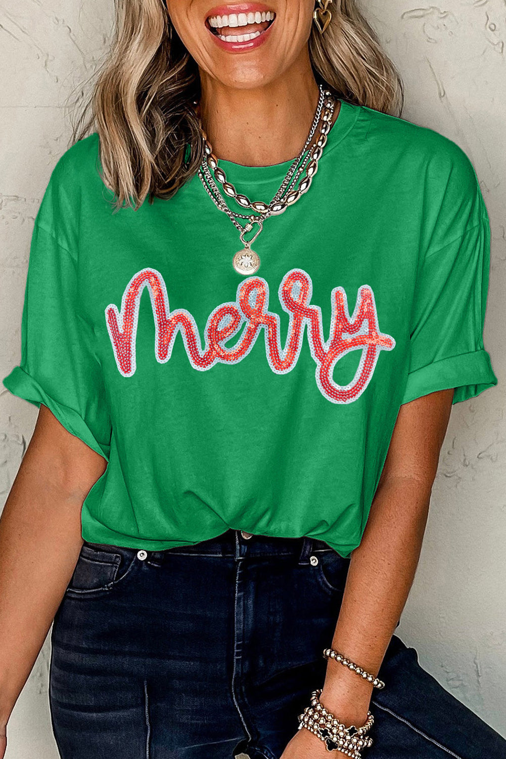 Bright Green merry Sequin Letter Graphic Cotton Blend Tee