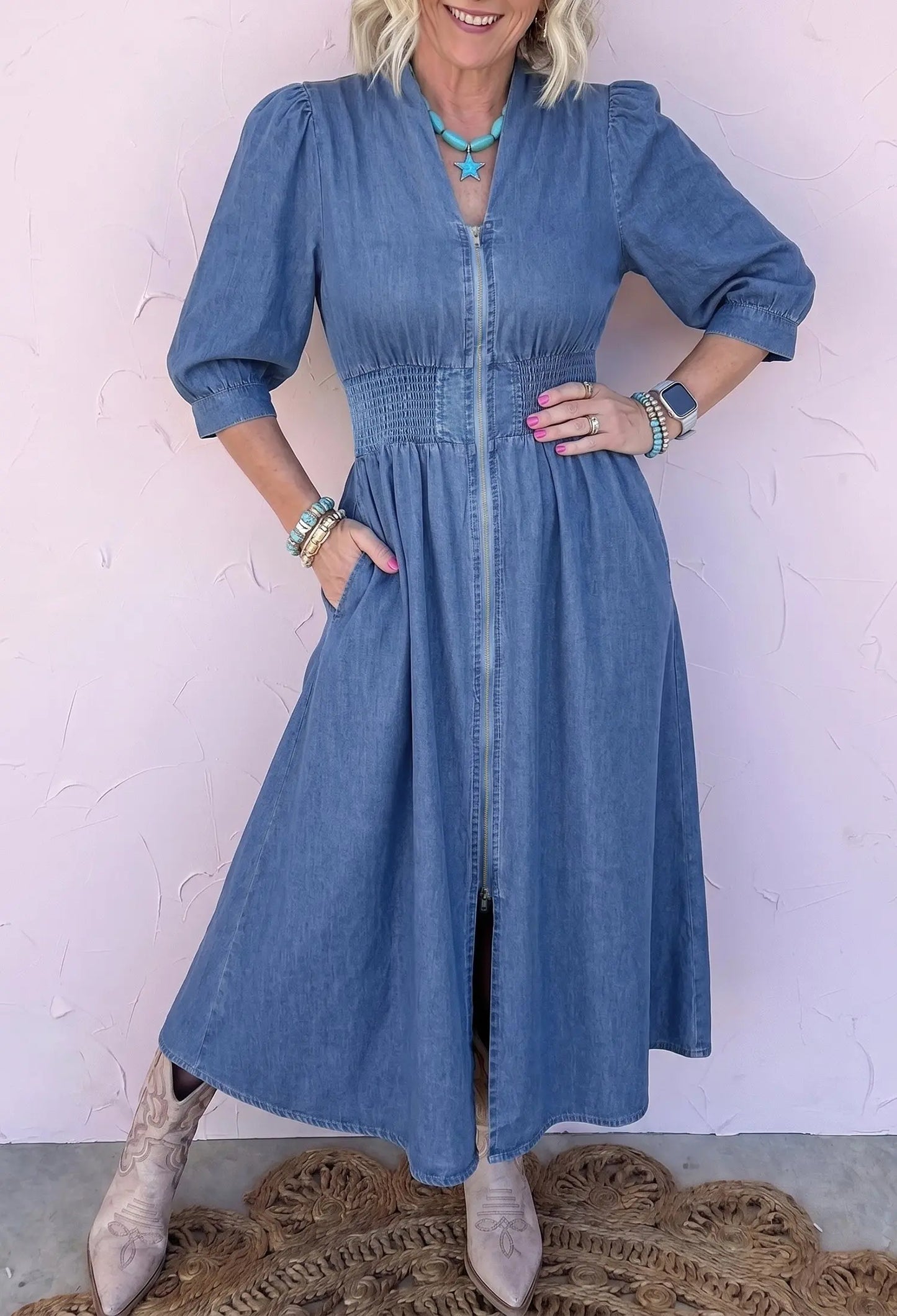 Blue V Neck Shirred Waist Metal Zipper Denim Midi Dress