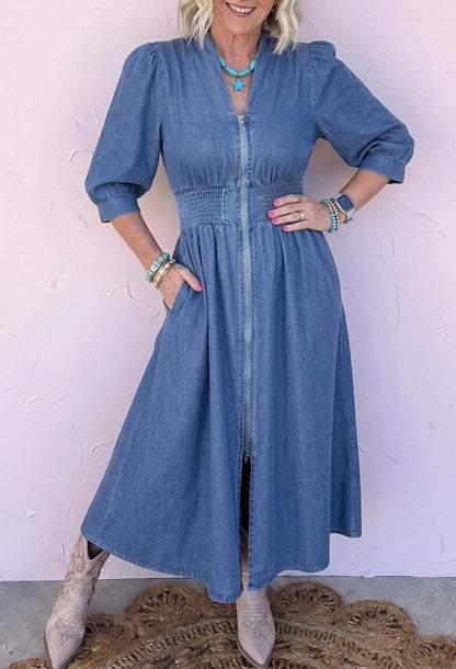 Blue V Neck Shirred Waist Metal Zipper Denim Midi Dress