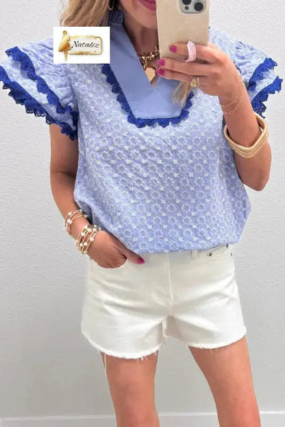 Beau Blue Eyelet Embroidered Flower Texture Contrast Lace Trim Flutter Sleeve Blouse Nataliz