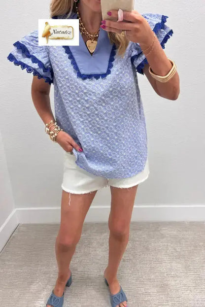 Beau Blue Eyelet Embroidered Flower Texture Contrast Lace Trim Flutter Sleeve Blouse Nataliz