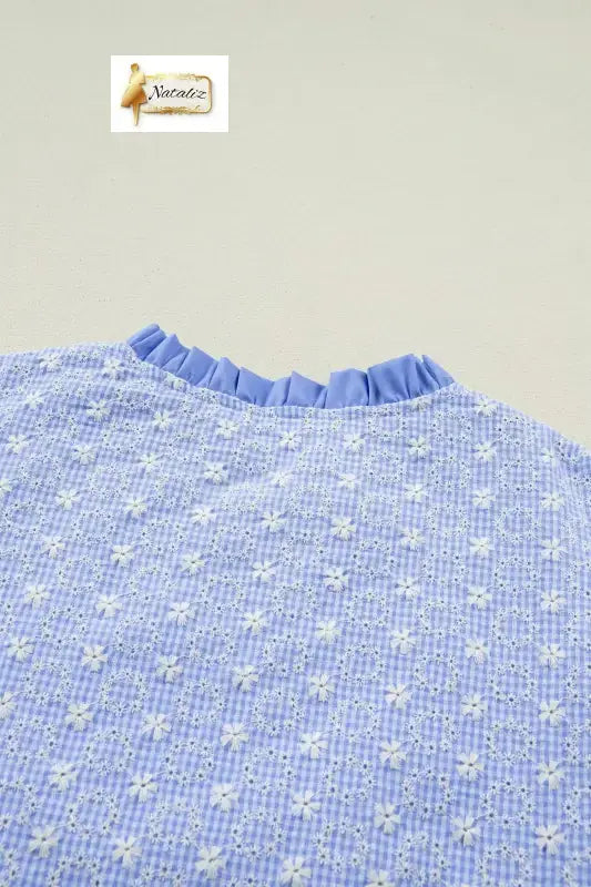 Beau Blue Eyelet Embroidered Flower Texture Contrast Lace Trim Flutter Sleeve Blouse Nataliz