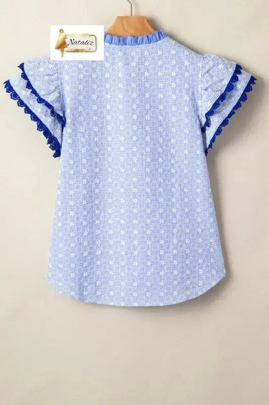 Beau Blue Eyelet Embroidered Flower Texture Contrast Lace Trim Flutter Sleeve Blouse Nataliz