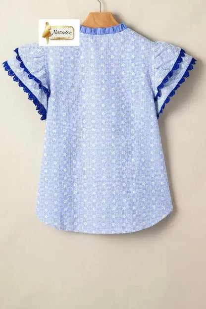 Beau Blue Eyelet Embroidered Flower Texture Contrast Lace Trim Flutter Sleeve Blouse Nataliz