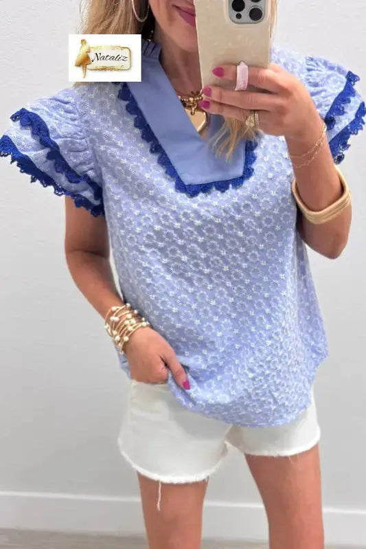 Beau Blue Eyelet Embroidered Flower Texture Contrast Lace Trim Flutter Sleeve Blouse Nataliz