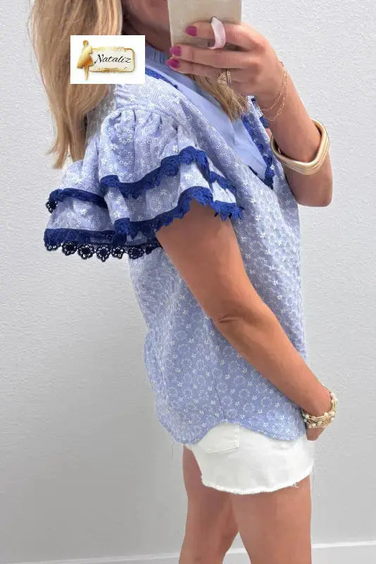 Beau Blue Eyelet Embroidered Flower Texture Contrast Lace Trim Flutter Sleeve Blouse Nataliz