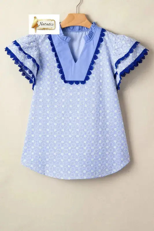 Beau Blue Eyelet Embroidered Flower Texture Contrast Lace Trim Flutter Sleeve Blouse Nataliz