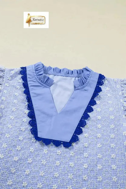 Beau Blue Eyelet Embroidered Flower Texture Contrast Lace Trim Flutter Sleeve Blouse Nataliz