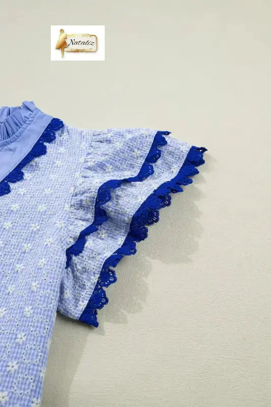 Beau Blue Eyelet Embroidered Flower Texture Contrast Lace Trim Flutter Sleeve Blouse Nataliz