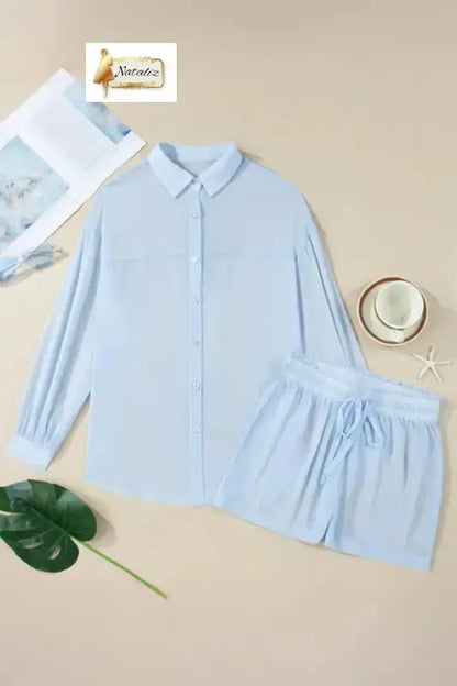 Beau Blue Sheer Tunic Shirt Drawstring Shorts 2pcs Swim Cover Up Nataliz