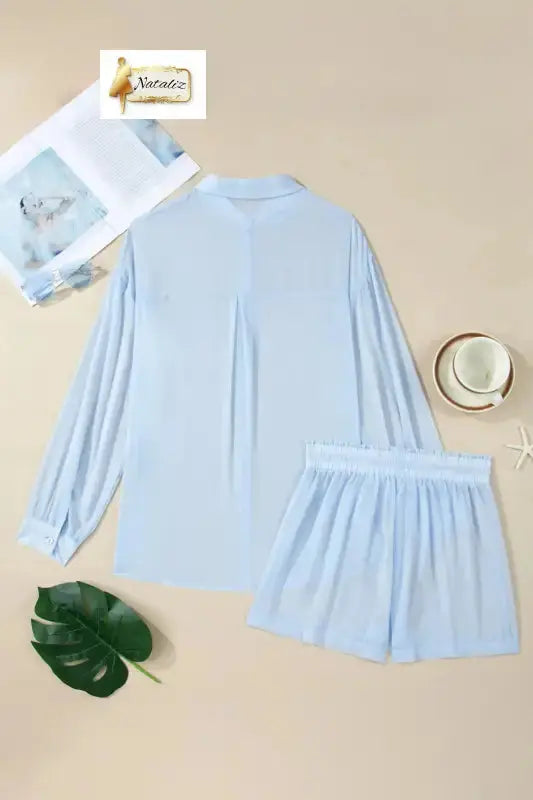 Beau Blue Sheer Tunic Shirt Drawstring Shorts 2pcs Swim Cover Up Nataliz