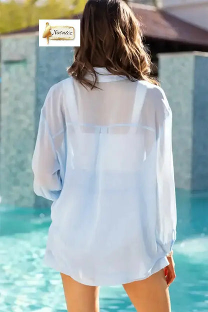 Beau Blue Sheer Tunic Shirt Drawstring Shorts 2pcs Swim Cover Up Nataliz