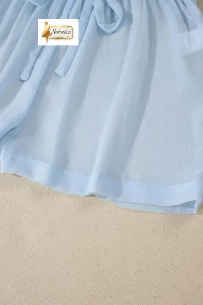Beau Blue Sheer Tunic Shirt Drawstring Shorts 2pcs Swim Cover Up Nataliz