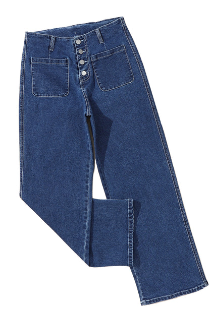 Sail Blue High Waist Button Front Wide Leg Cropped Jeans