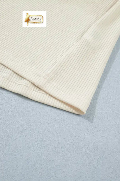 Beige Denim Patchwork Short Sleeve Ribbed Shirt Nataliz