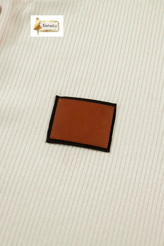 Beige Denim Patchwork Short Sleeve Ribbed Shirt Nataliz